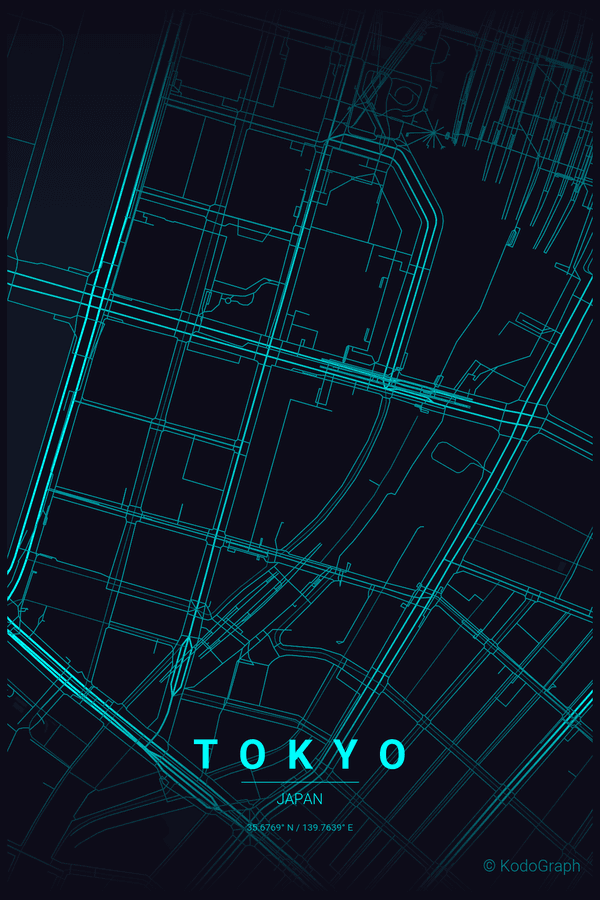 Poster cartographique généré de Tokyo en thème Neon